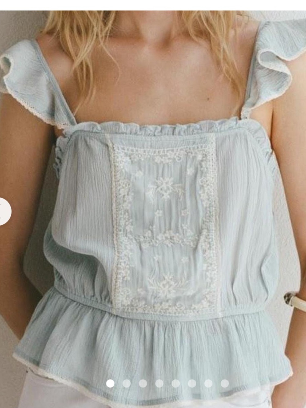 Zara Pale Blue Embroidered Ruffle Tank Top